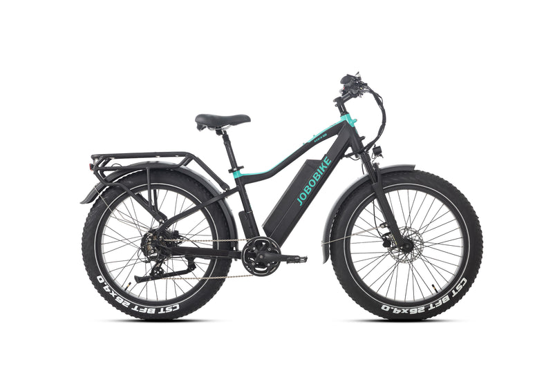 JOBOBIKE Robin Pro, høj ramme, sort med turkise detaljer, set fra siden