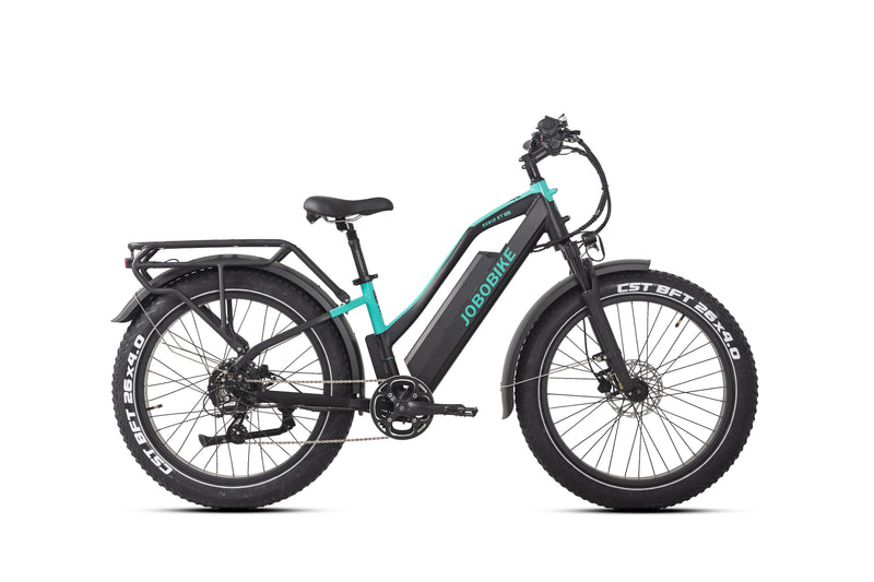 JOBOBIKE Robin ST Pro med lav ramme, sort med turkise detaljer, set fra siden